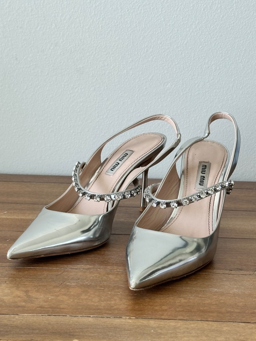 Miu Miu Jeweled Slingback Heels in Silver- Size 38